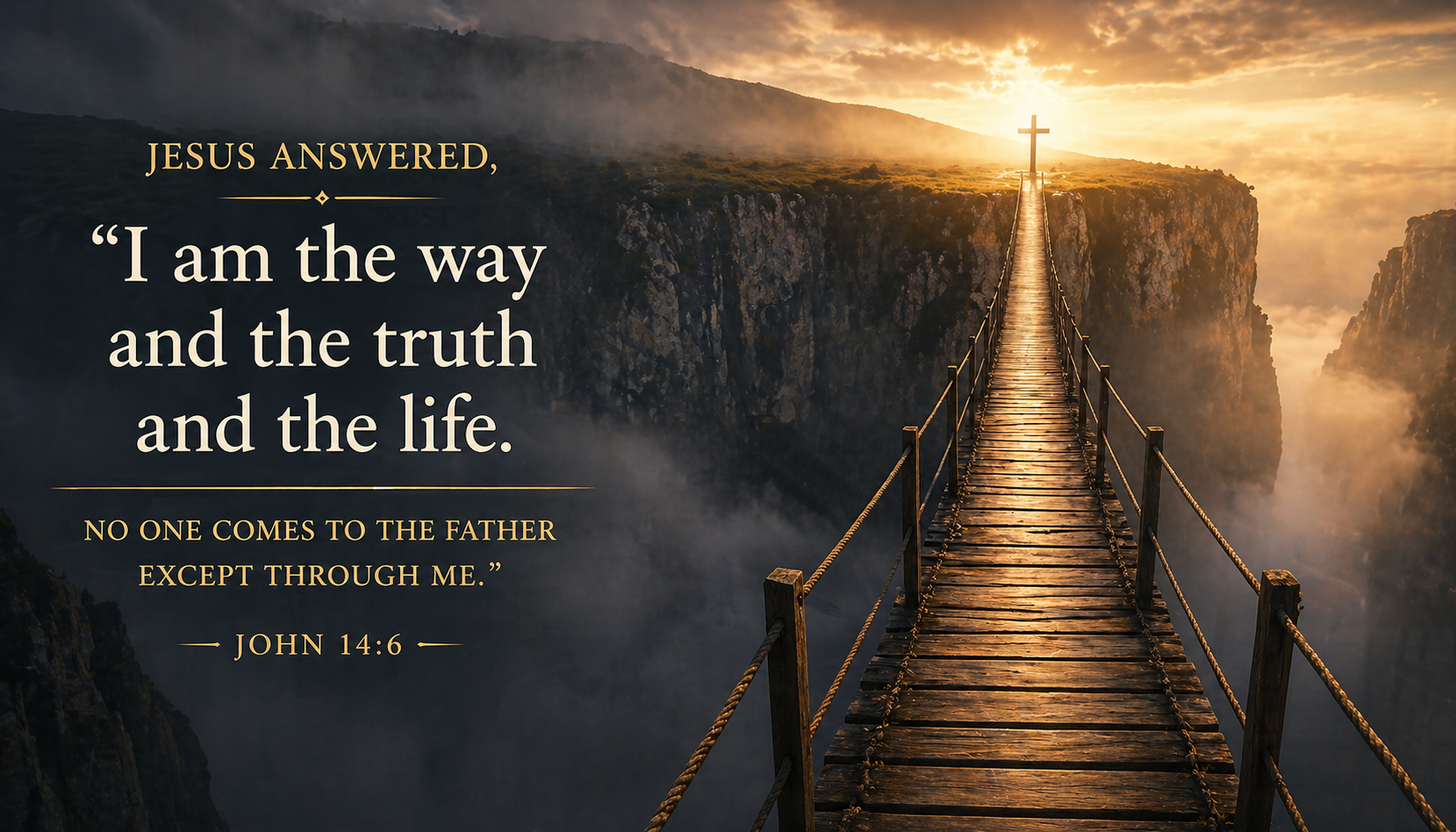 Single narrow bridge spanning a vast chasm with warm light — I am the way the truth and the life Bible verse wallpaper